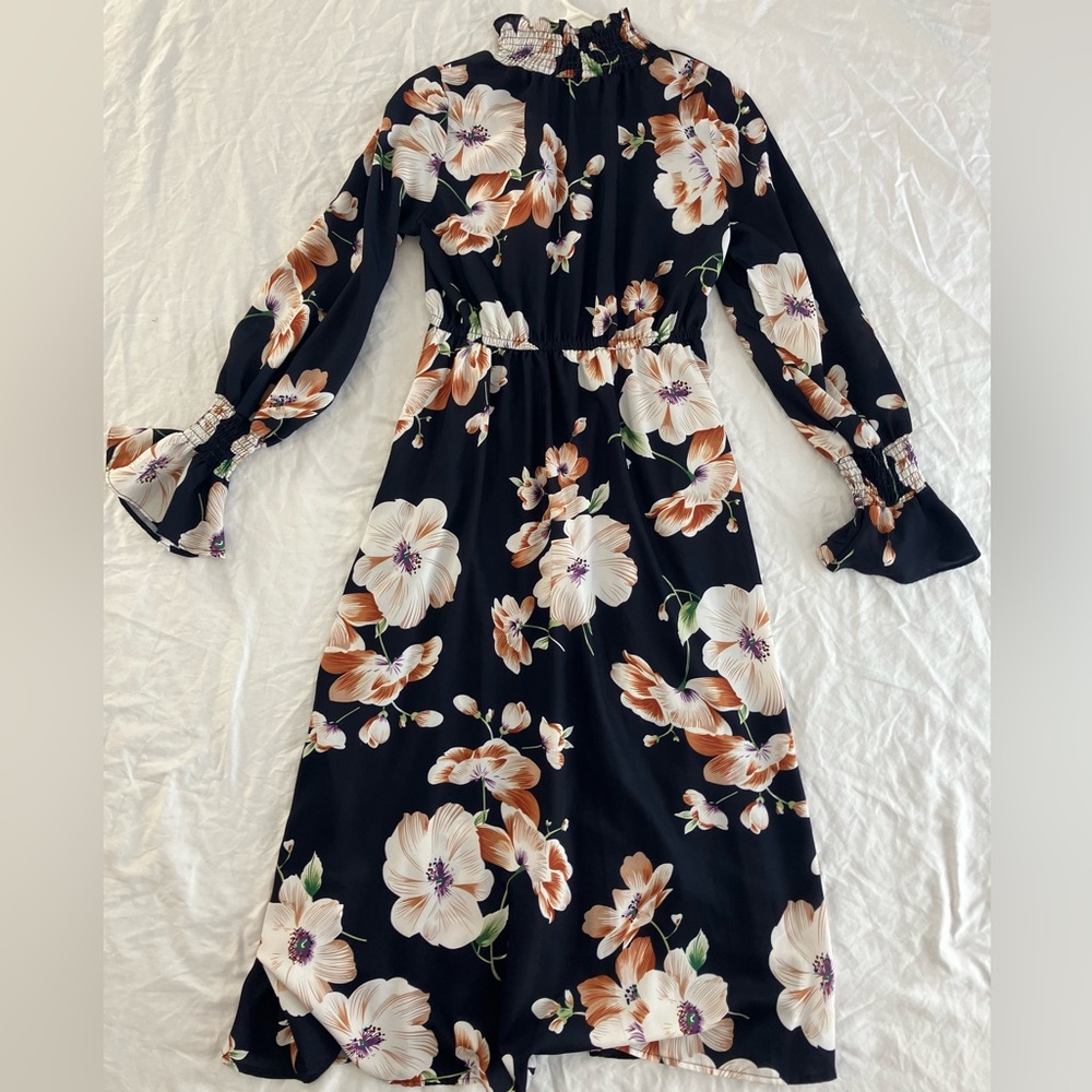 Boho SHEIN Mock Frill Neck Flounce Sleeve Navy Floral Maxi Long Dress Size S